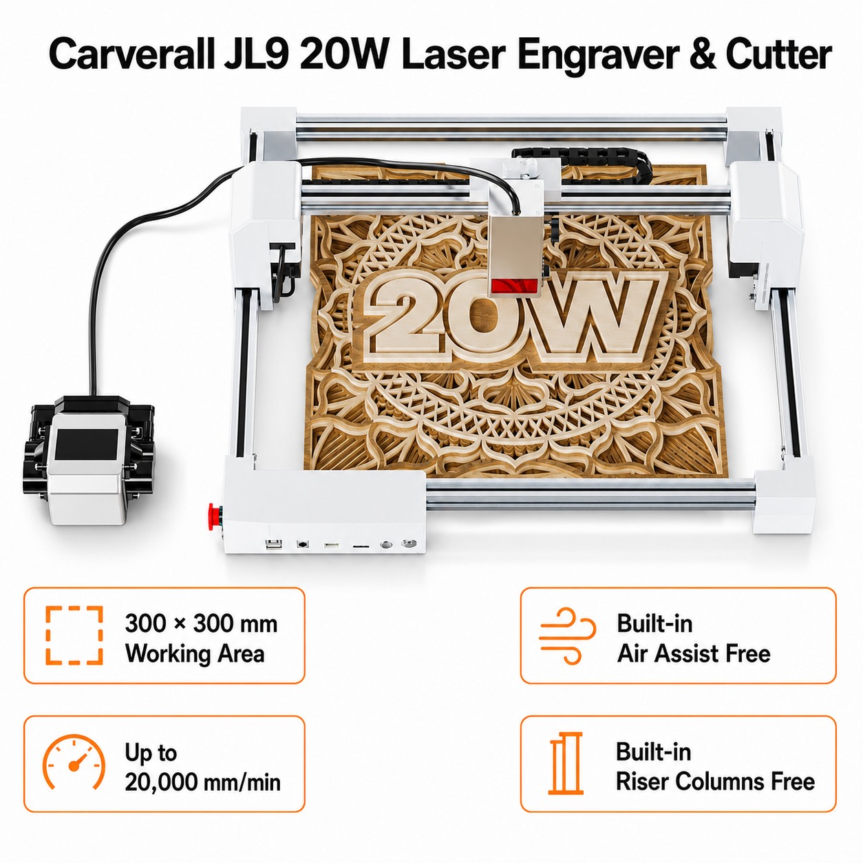Industrial Laser Cutting Machine - เครื่องแกะสลักเลเซอร์ Carverall JL9 20W, เครื่องแกะสลักเลเซอร์แบบตั้งโต๊ะขนาด 300x300